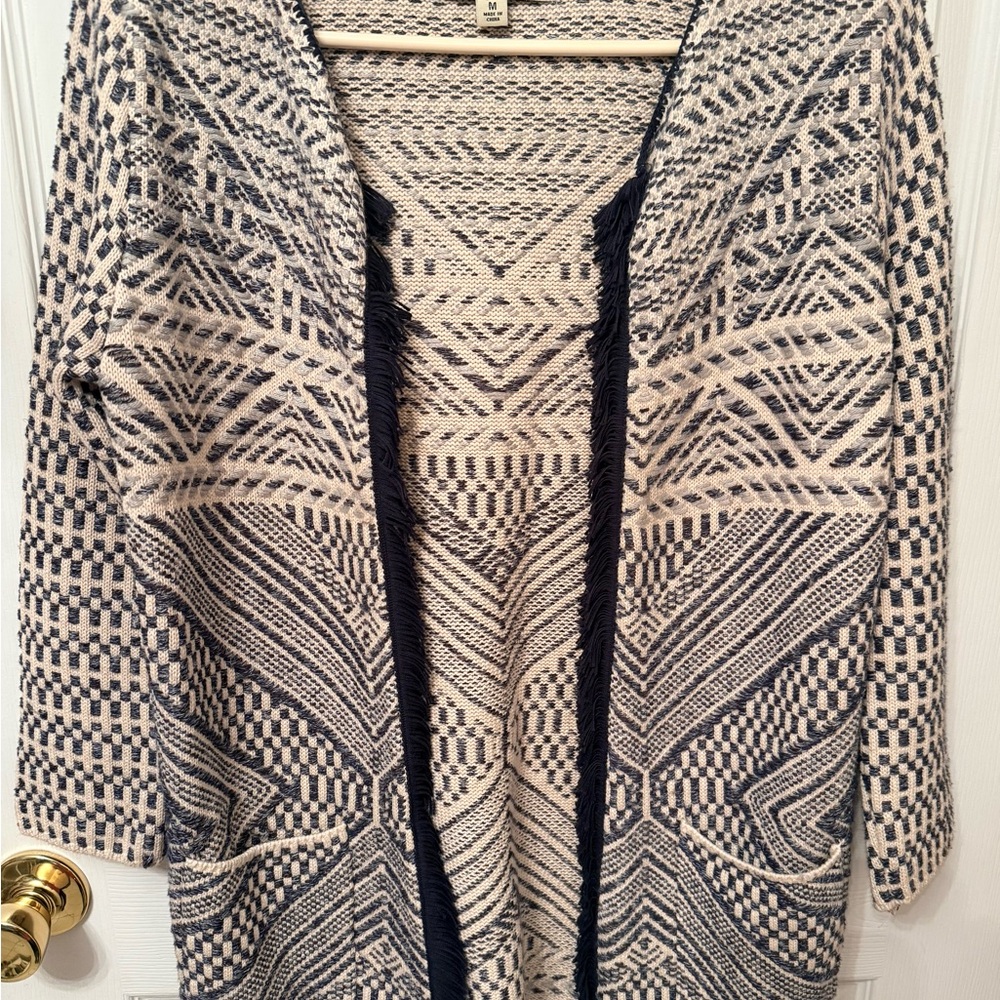 Lucky Brand Size M White Blue Tribal Aztec Fringe-Trim Knit Sweater Cardigan